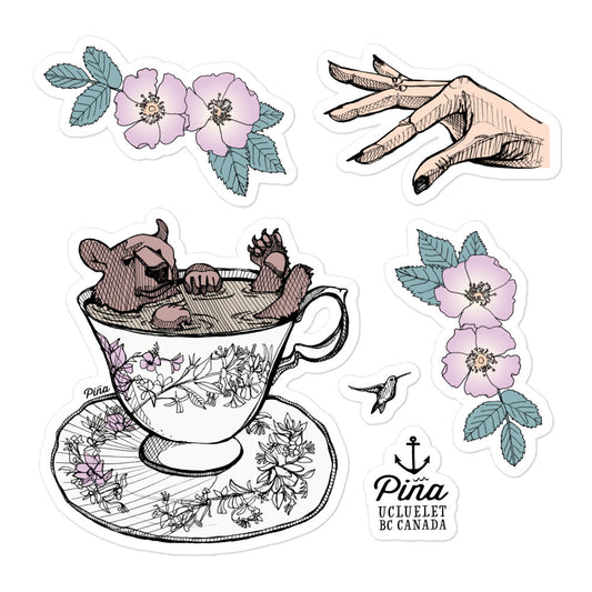 Bear in Teacup, Hand and Nootka Roses Sticker Sheet