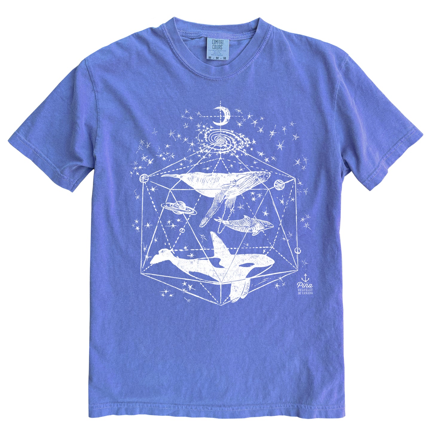 Galactic Whales in White Ink Comfort Colours Heavyweight Cotton Unisex Tee