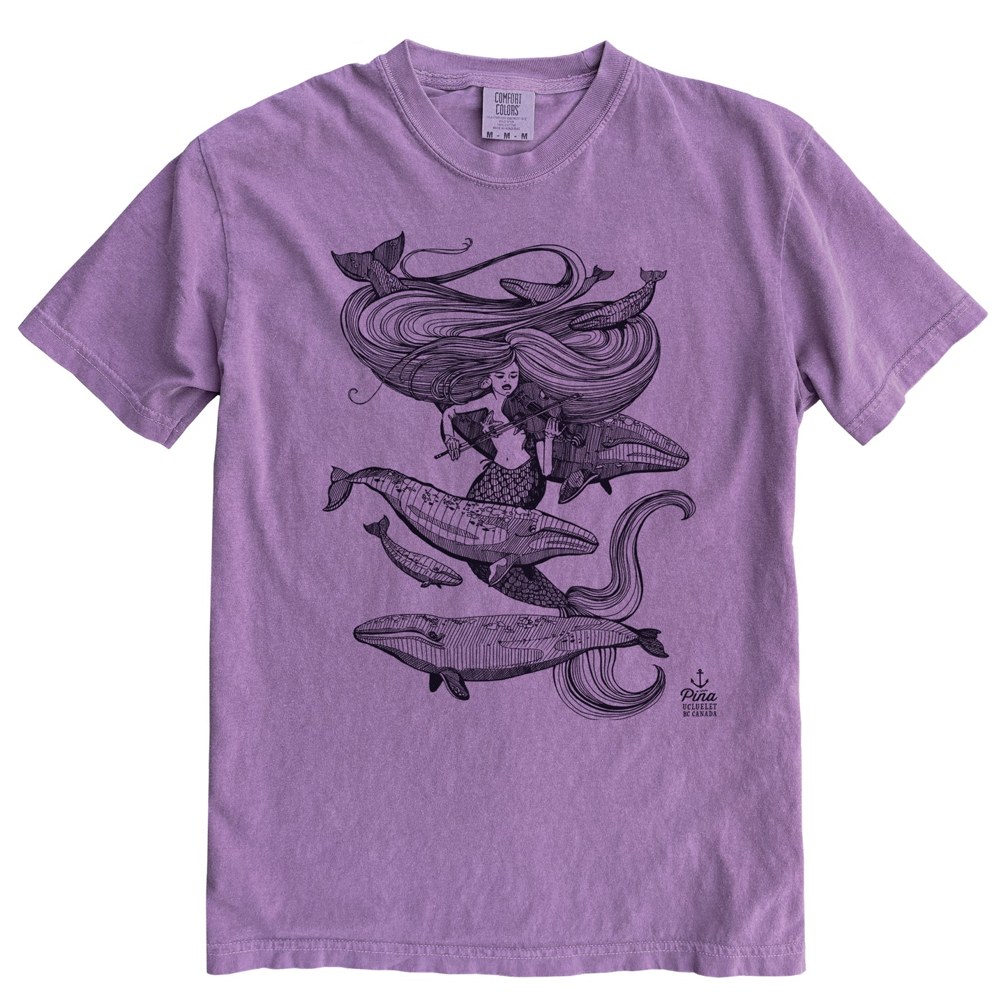 Mermaid Fiddling in Black Ink Comfort Colours Heavyweight Cotton Unisex Tee