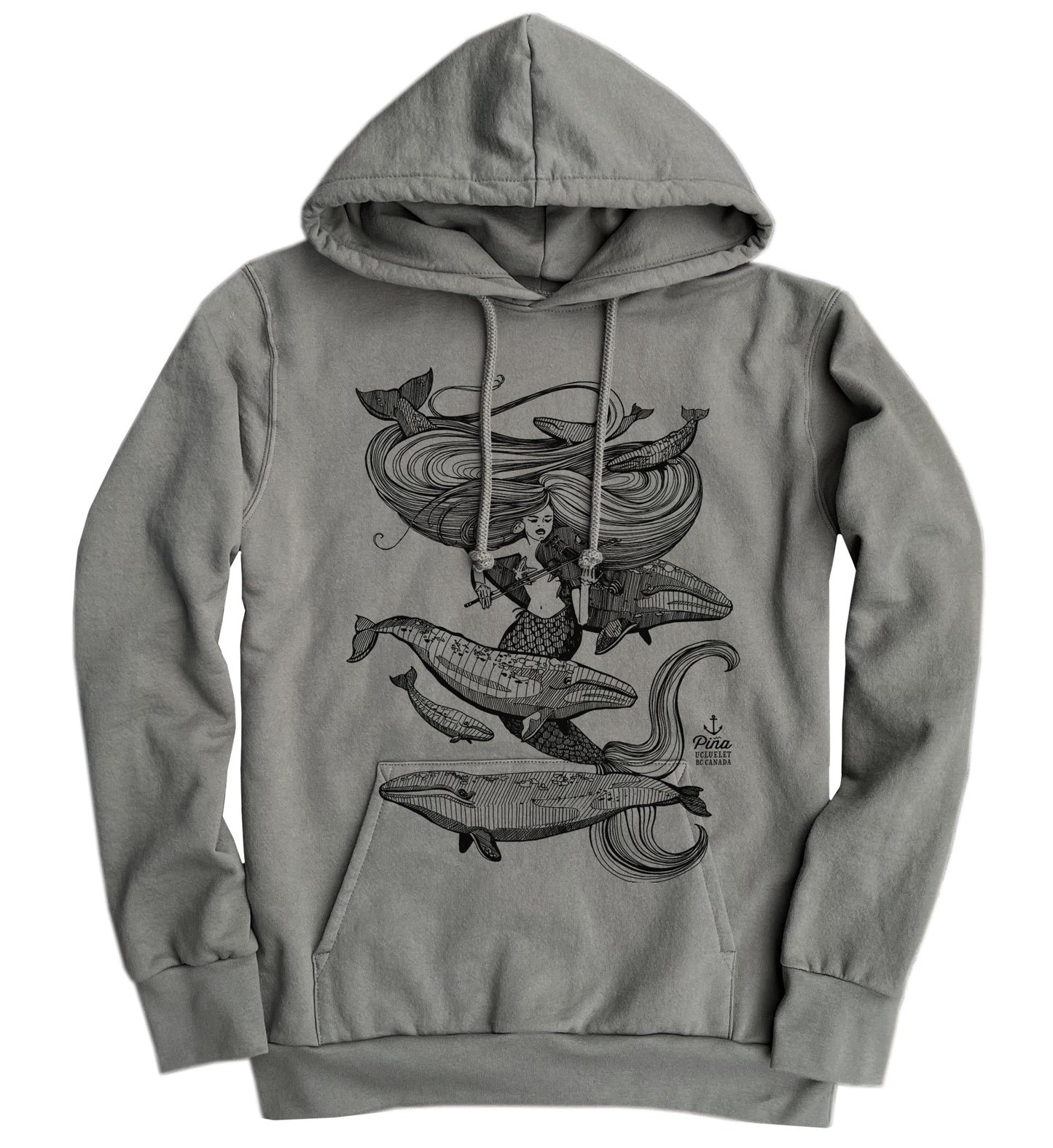 Mermaid Fiddling in Black Ink Organic Cotton Unisex Hoodie Made in Canada