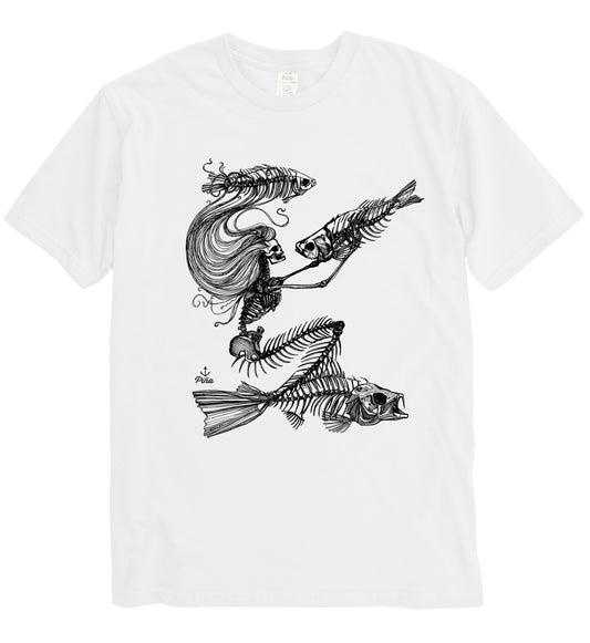 Skeleton Mermaid in Black Ink Organic Cotton Unisex Tee