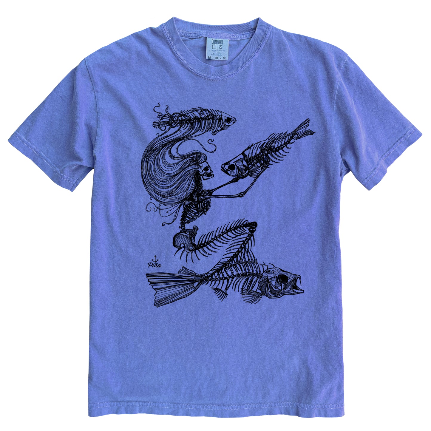 Skeleton Mermaid in Black Ink Comfort Colours Heavyweight Cotton Unisex Tee