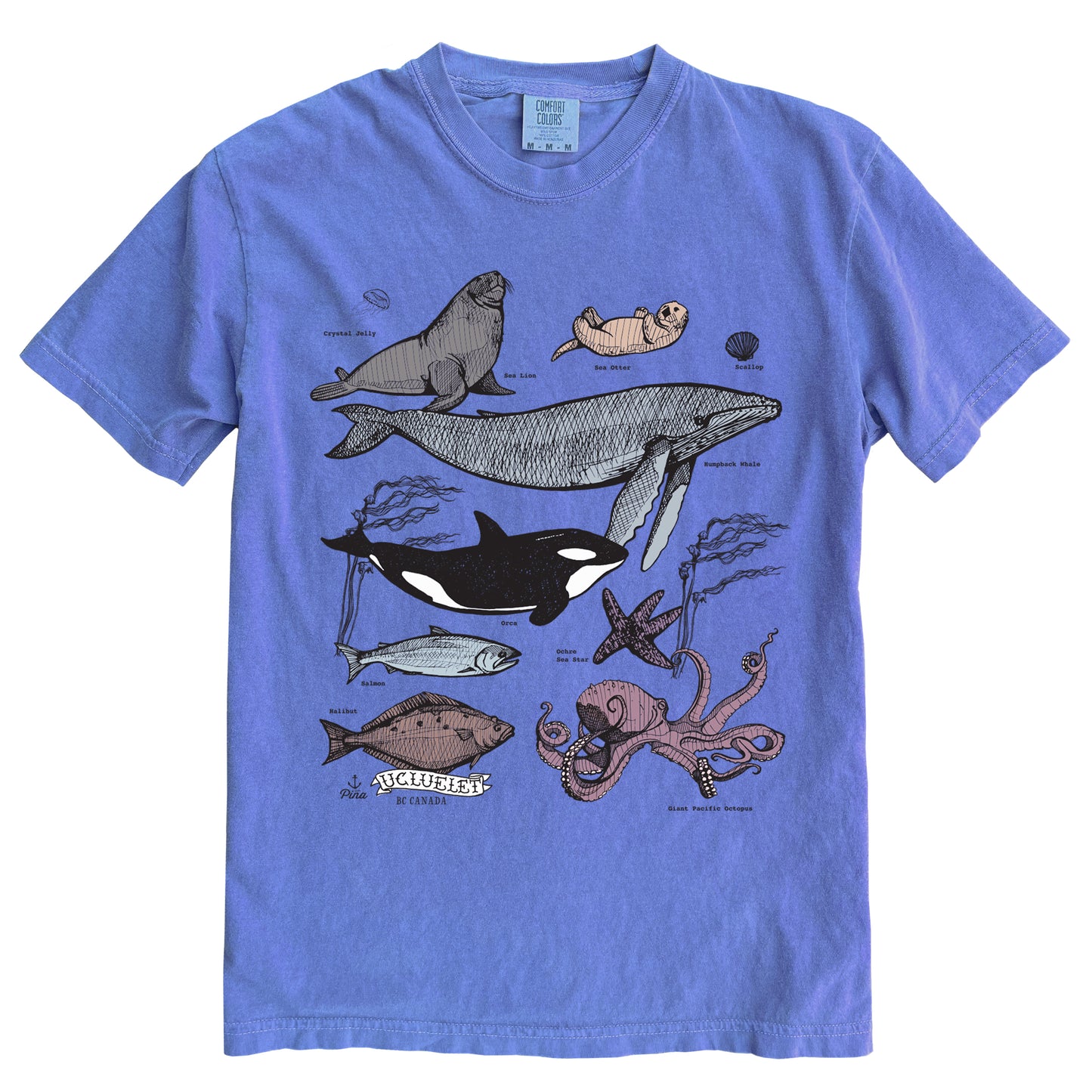 PNW Ocean Species in Colour Ink Light on Dark Comfort Colours Heavyweight Cotton Unisex Tee