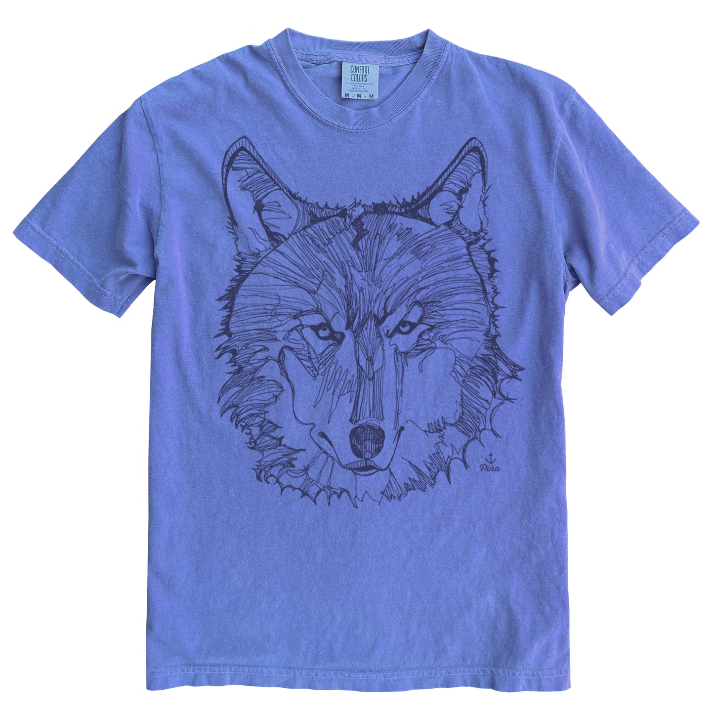 Wolf Face in Navy Ink Light on Dark Comfort Colours Heavyweight Cotton Unisex Tee