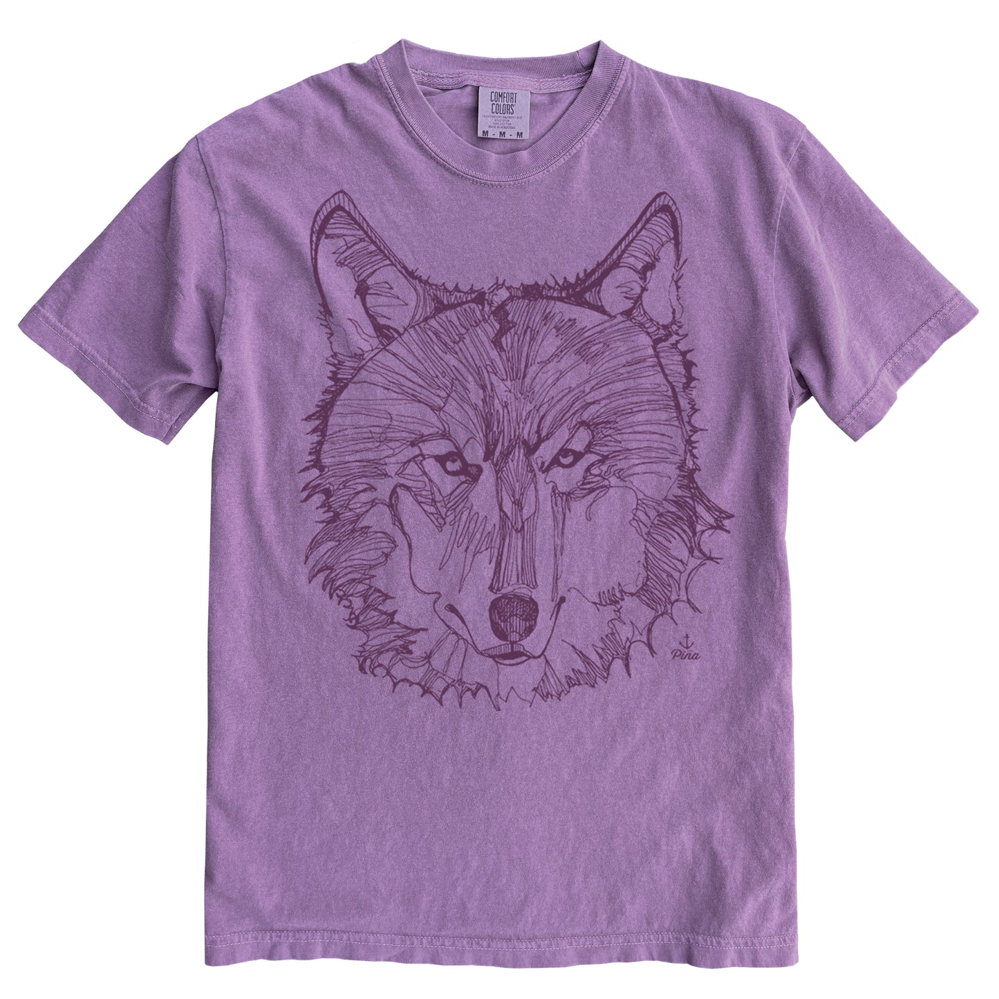 Wolf Face in Purple Ink Light on Dark Comfort Colours Heavyweight Cotton Unisex Tee