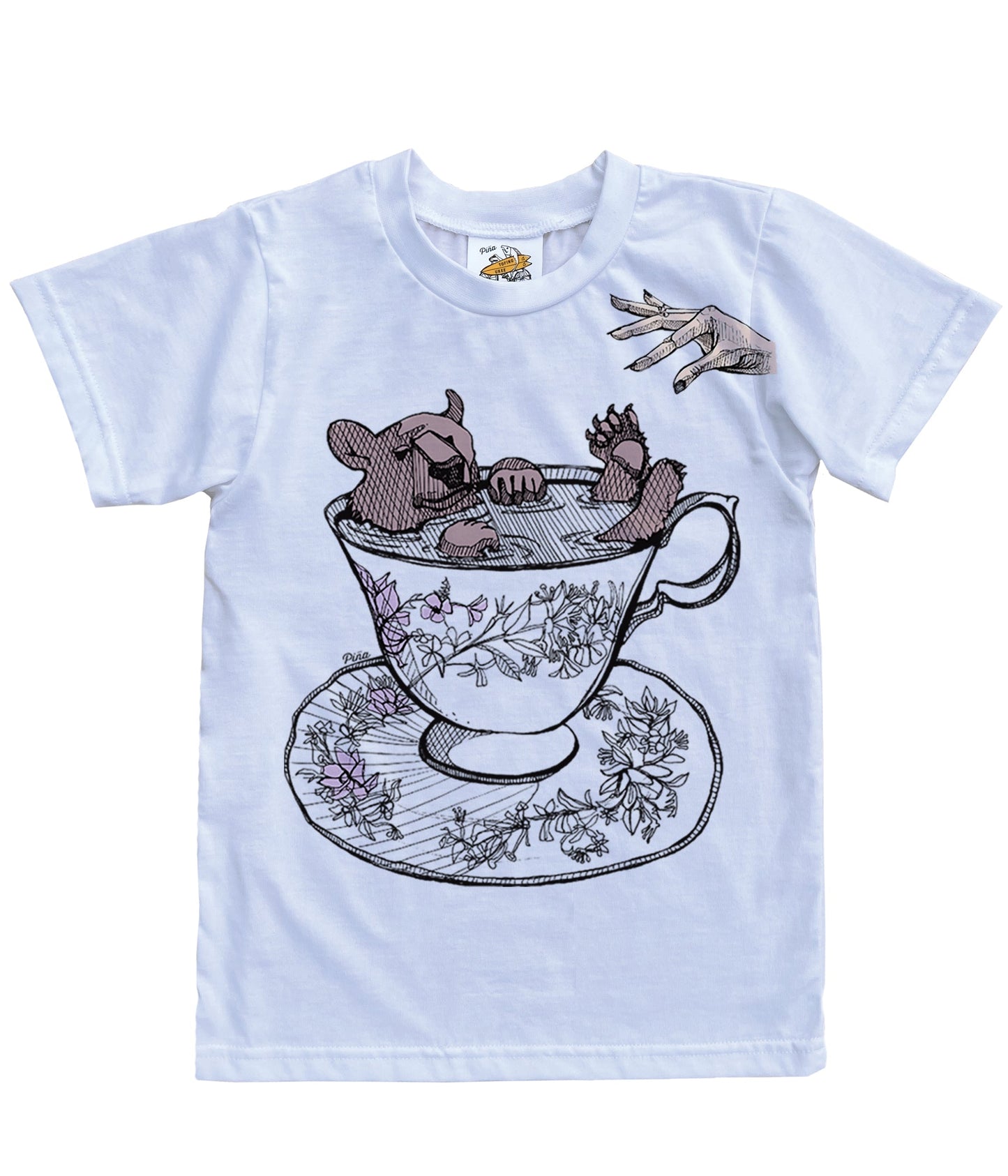 Bear in Teacup with Hand in Colour Organic Cotton Kids Tee
