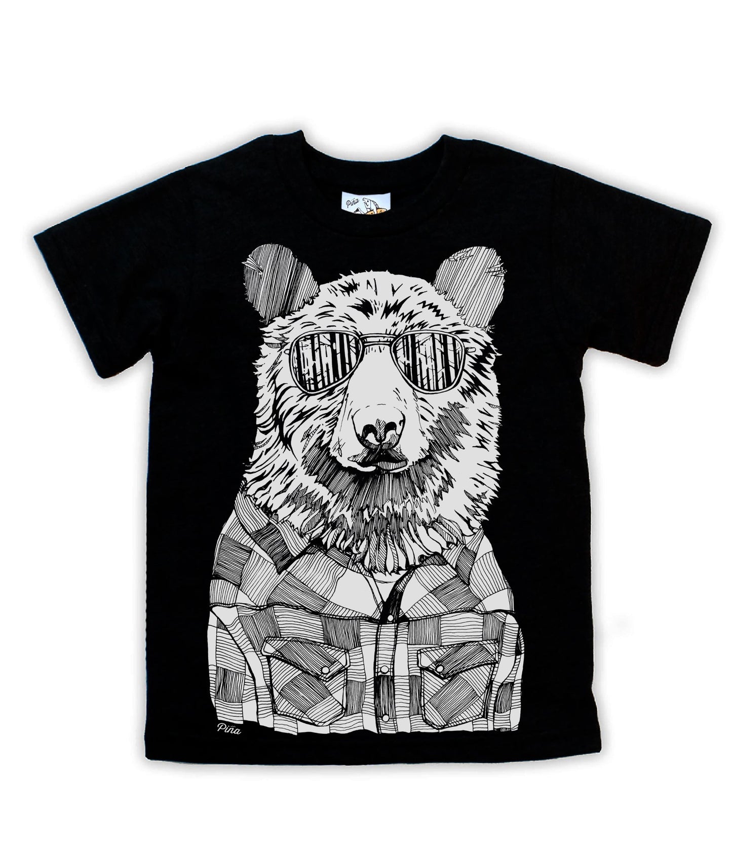 Hipster Bear in White Negative Organic Cotton Kids Tee