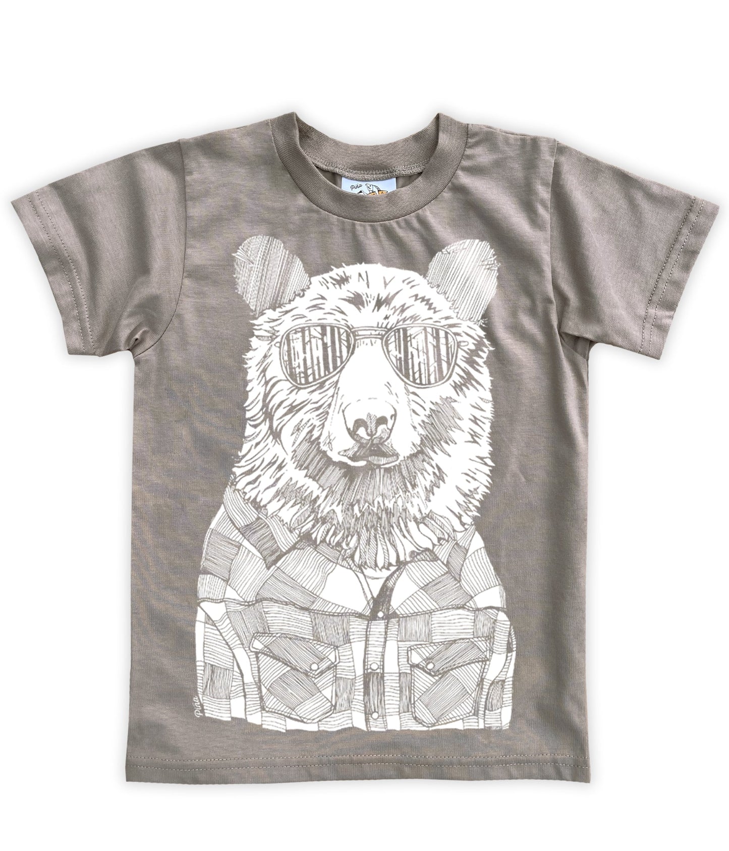 Hipster Bear in White Negative Organic Cotton Kids Tee