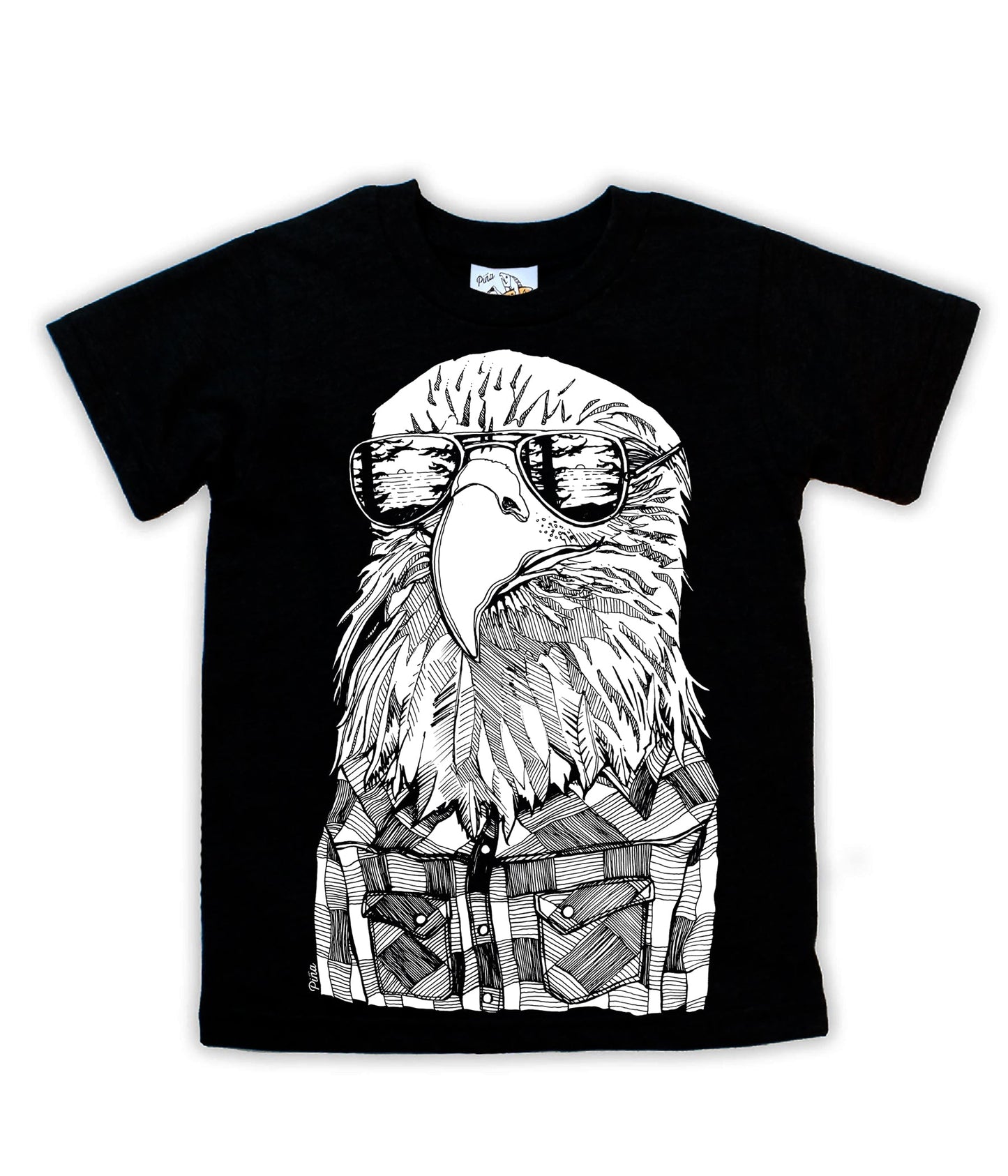 Hipster Eagle in White Negative Light on Dark Organic Cotton Kids Tee