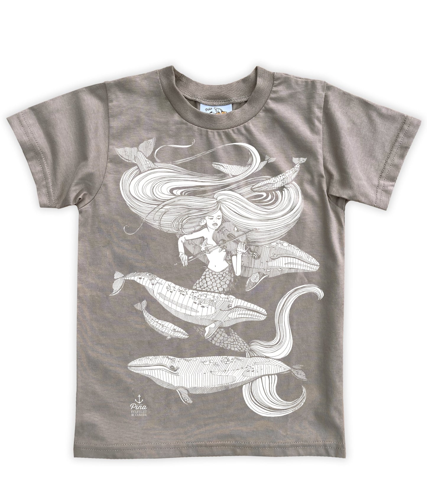 Mermaid Fiddling in White Negative Organic Cotton Kids Tee