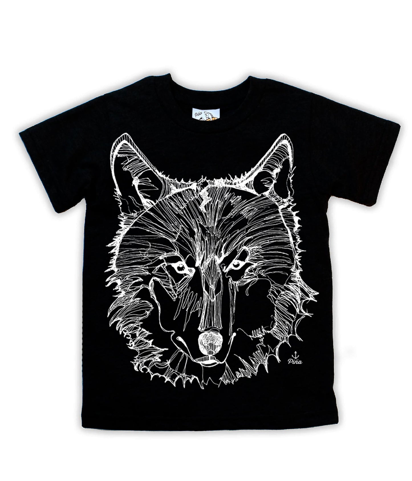 Wolf Face Line in White Negative Organic Cotton Kids Tee