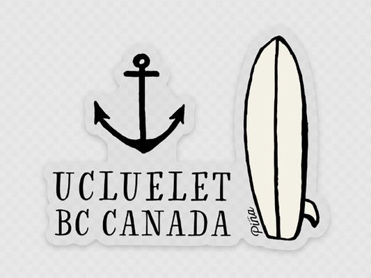 Anchor Ucluelet Surfboard Clear Sticker Black Type