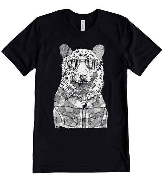 Hipster Bear in White Ink Unisex Cotton Jersey Tee