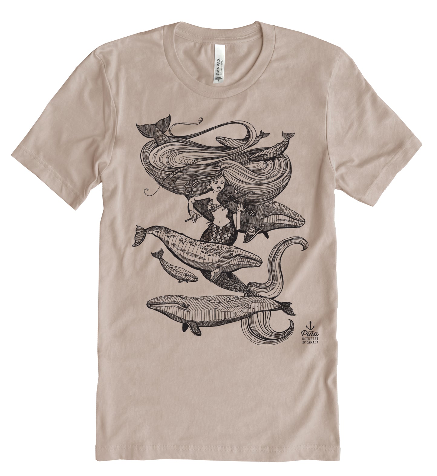 Mermaid Fiddling in Black Ink Unisex Cotton Jersey Tee