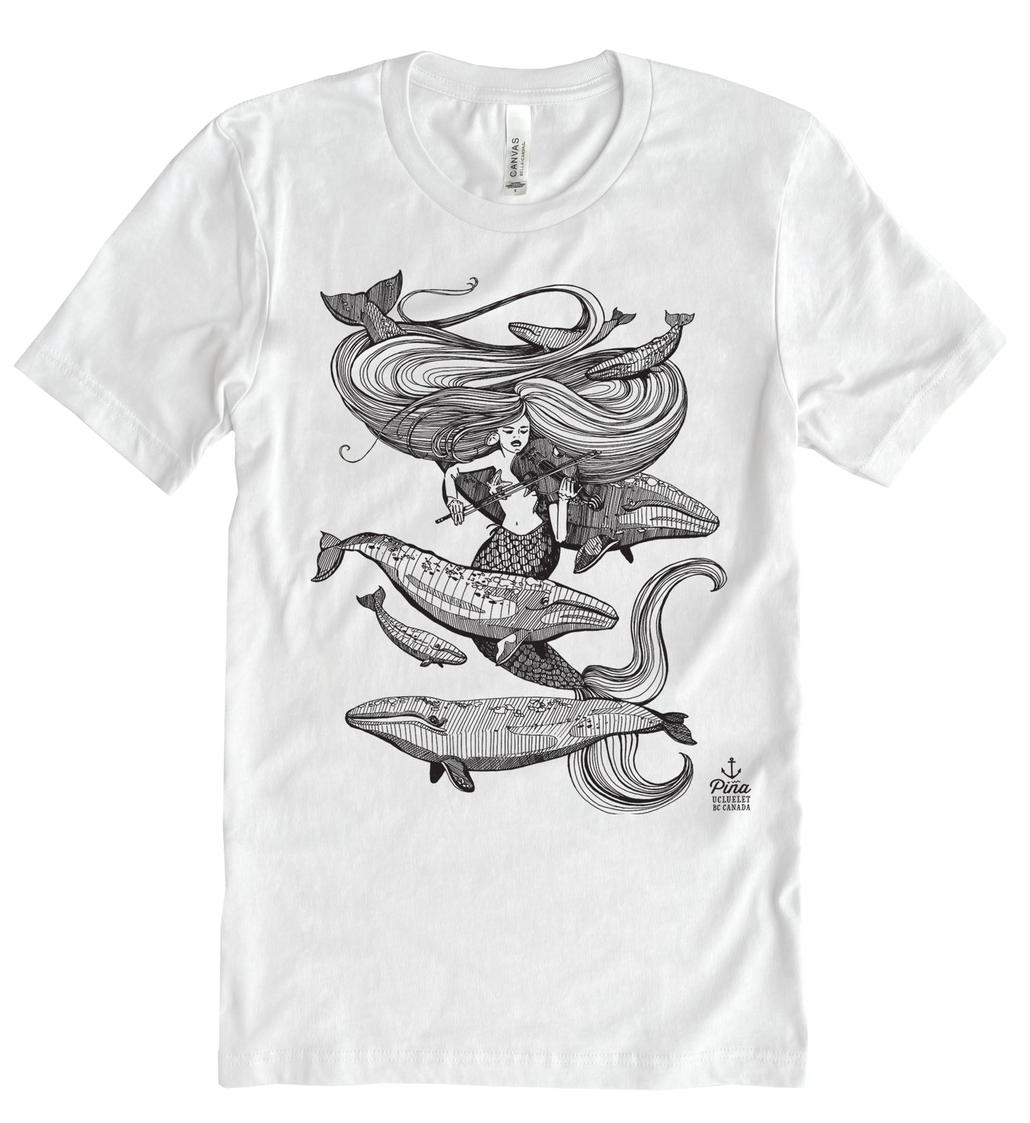 Mermaid Fiddling in Black Ink Unisex Cotton Jersey Tee