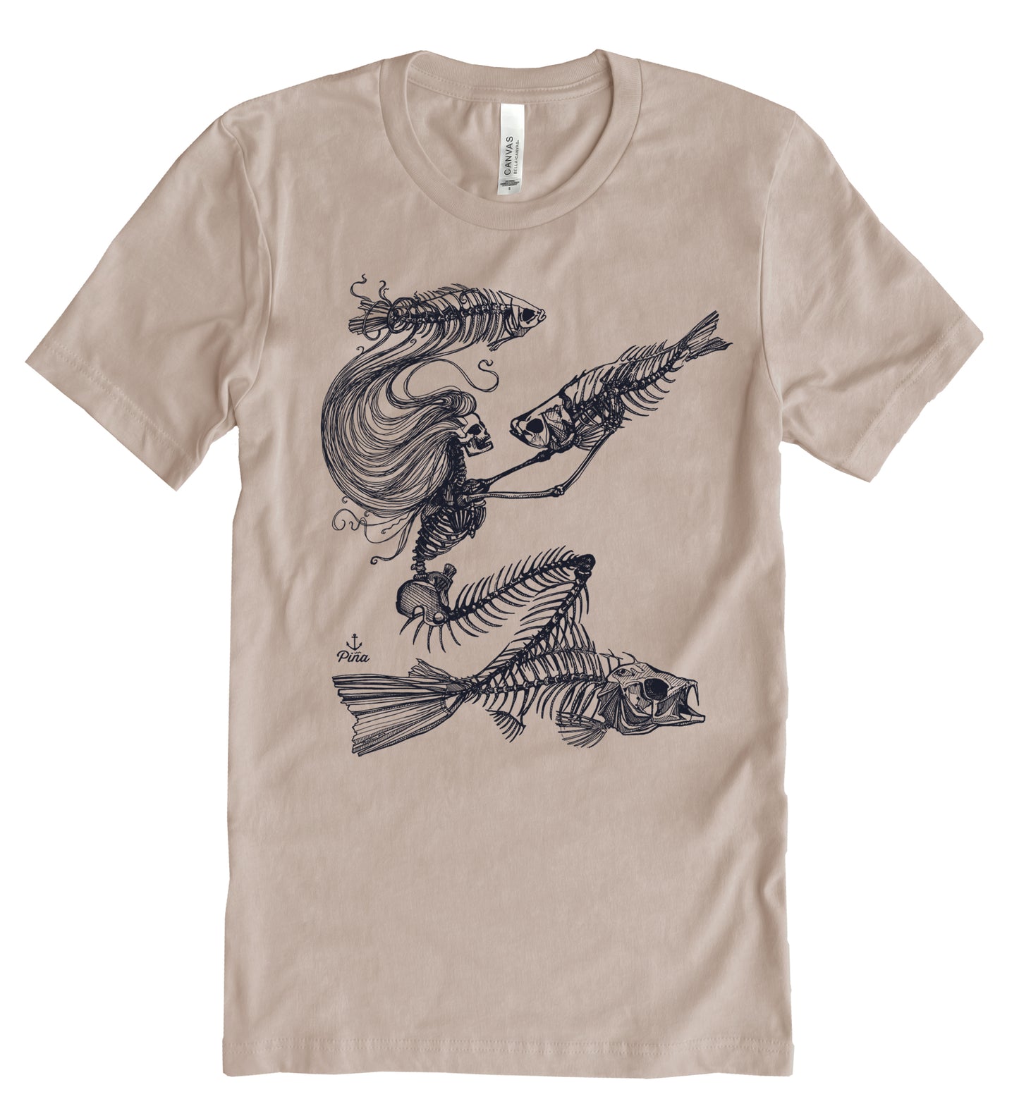 Skeleton Mermaid in Black Ink Unisex Cotton Jersey Tee