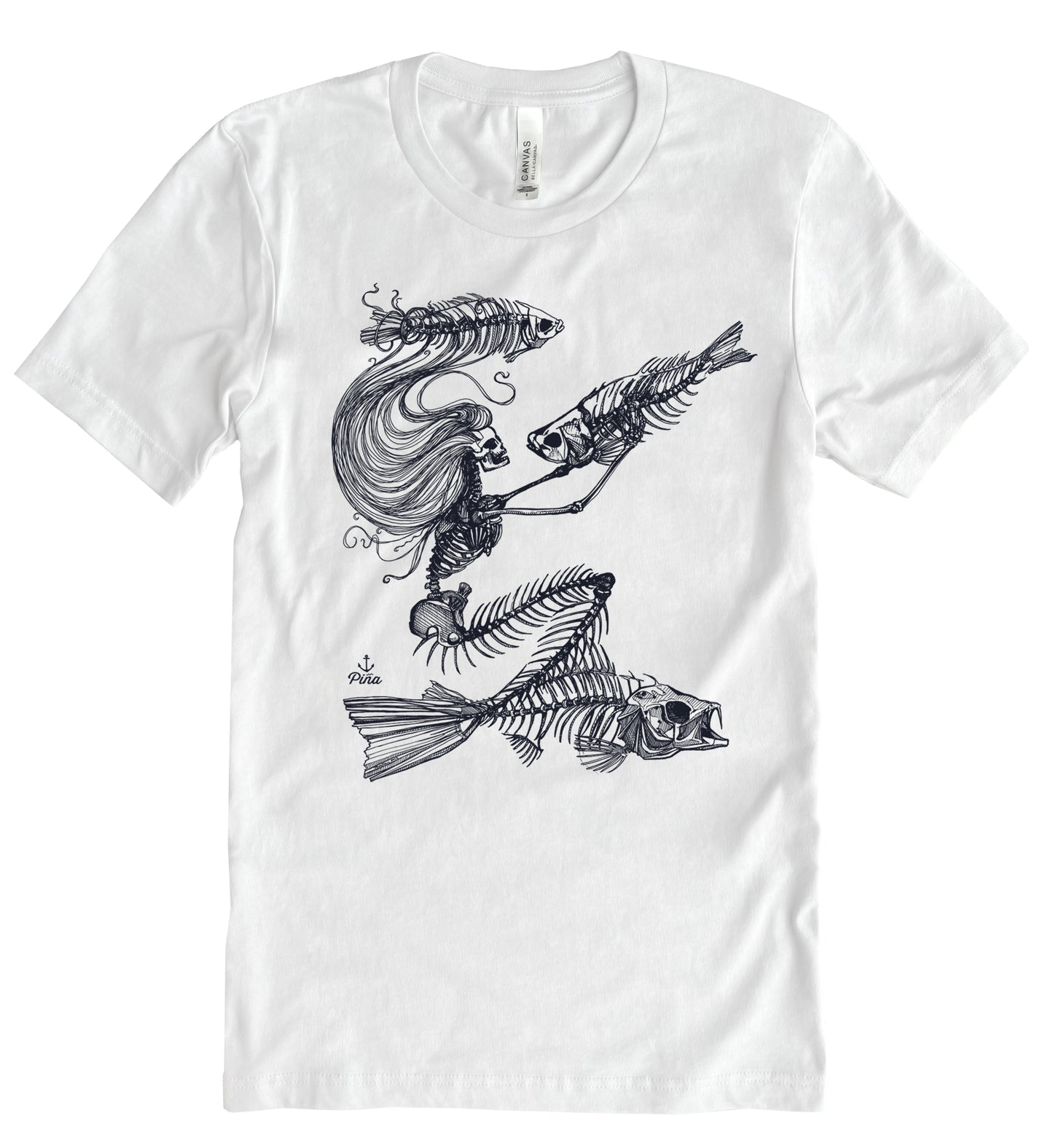 Skeleton Mermaid in Black Ink Unisex Cotton Jersey Tee