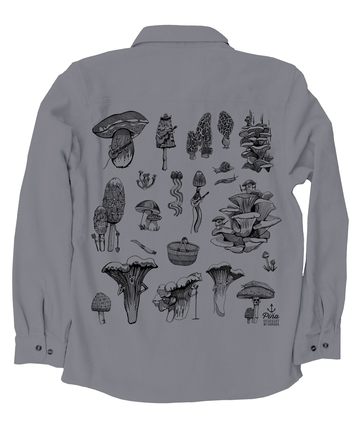 PNW Mushrooms in Black Ink Organic Cotton Flannel