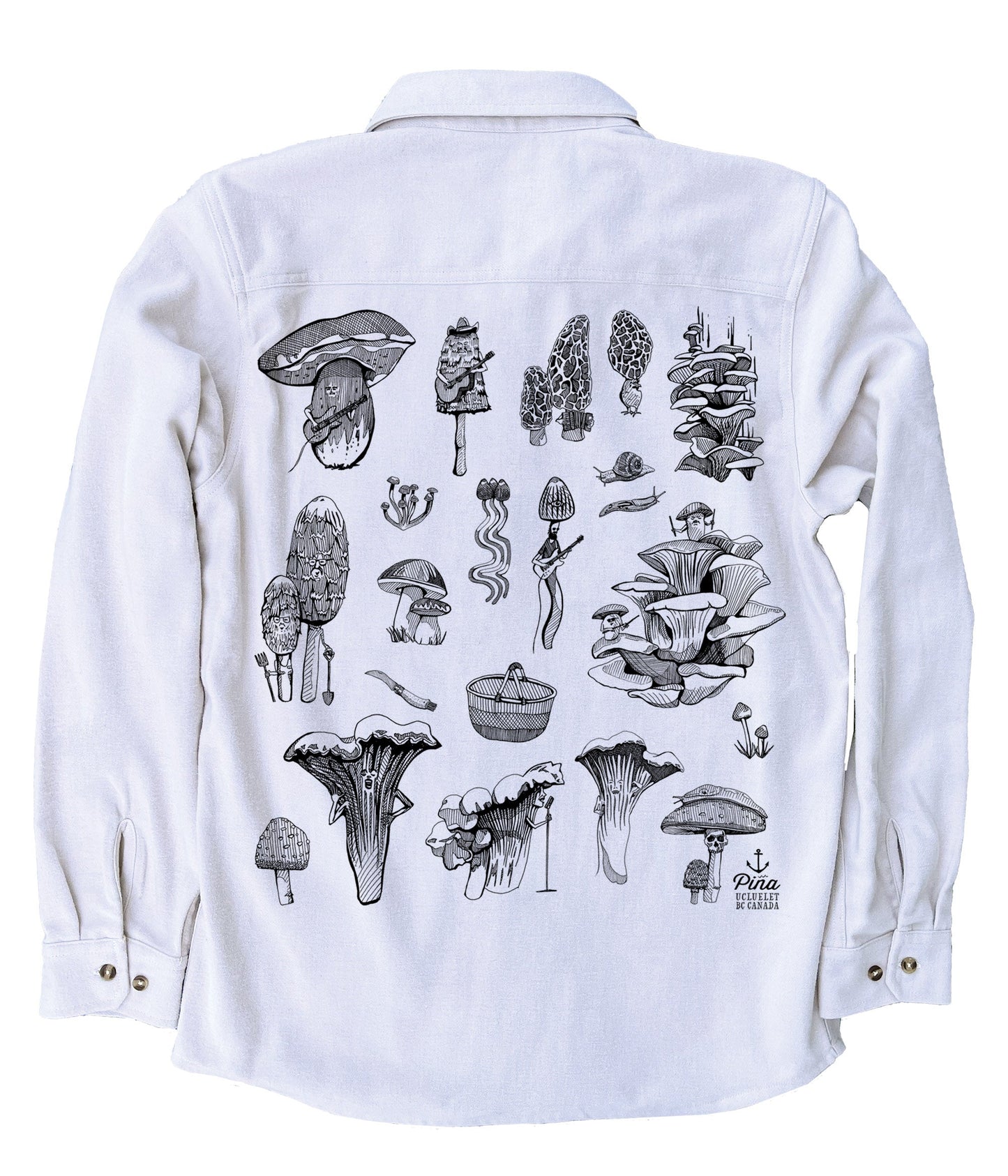 PNW Mushrooms in Black Ink Organic Cotton Flannel