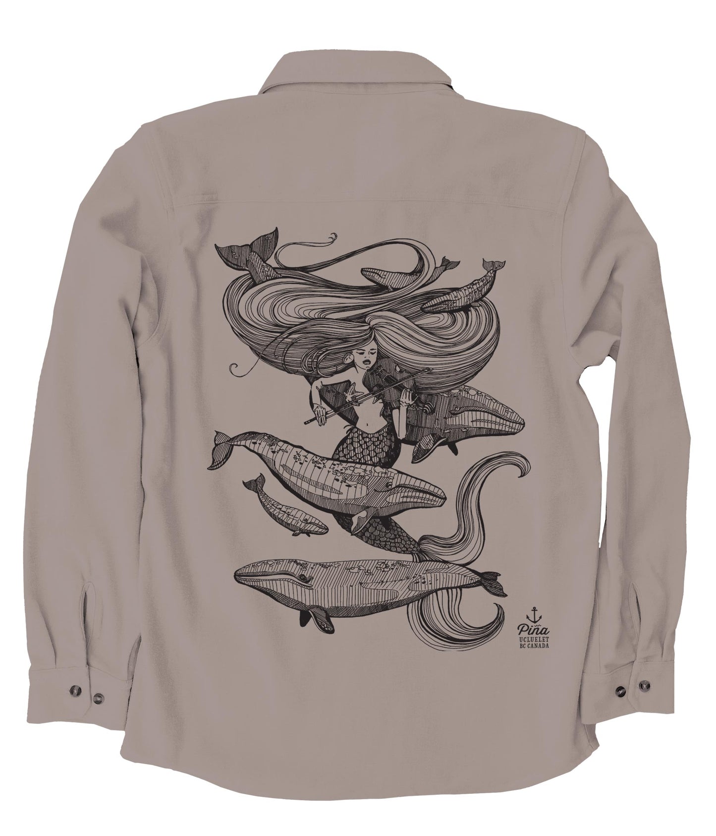 Mermaid Fiddling in Black Ink Organic Cotton Flannel