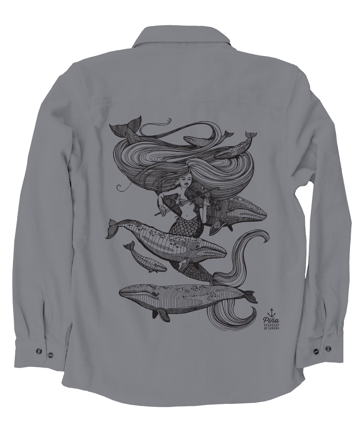 Mermaid Fiddling in Black Ink Organic Cotton Flannel