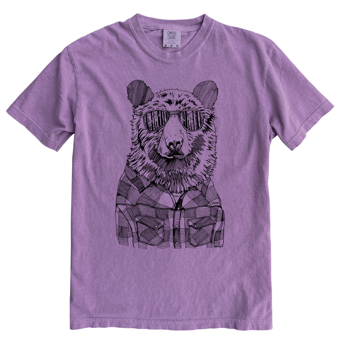 Hipster Bear in Black Ink Comfort Colours Heavyweight Cotton Unisex Tee