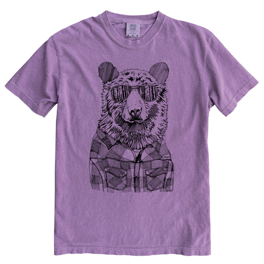 Hipster Bear in Black Ink Comfort Colours Heavyweight Cotton Unisex Tee