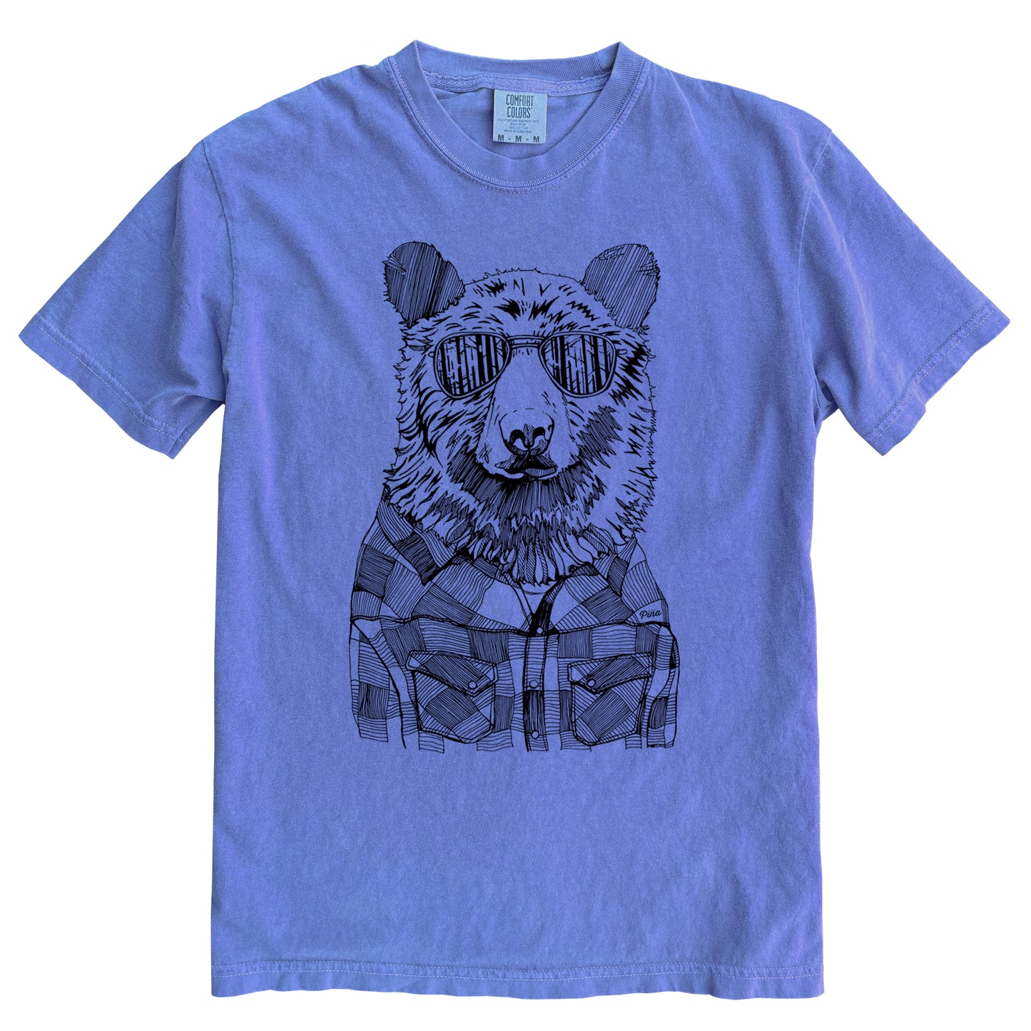 Hipster Bear in Black Ink Comfort Colours Heavyweight Cotton Unisex Tee