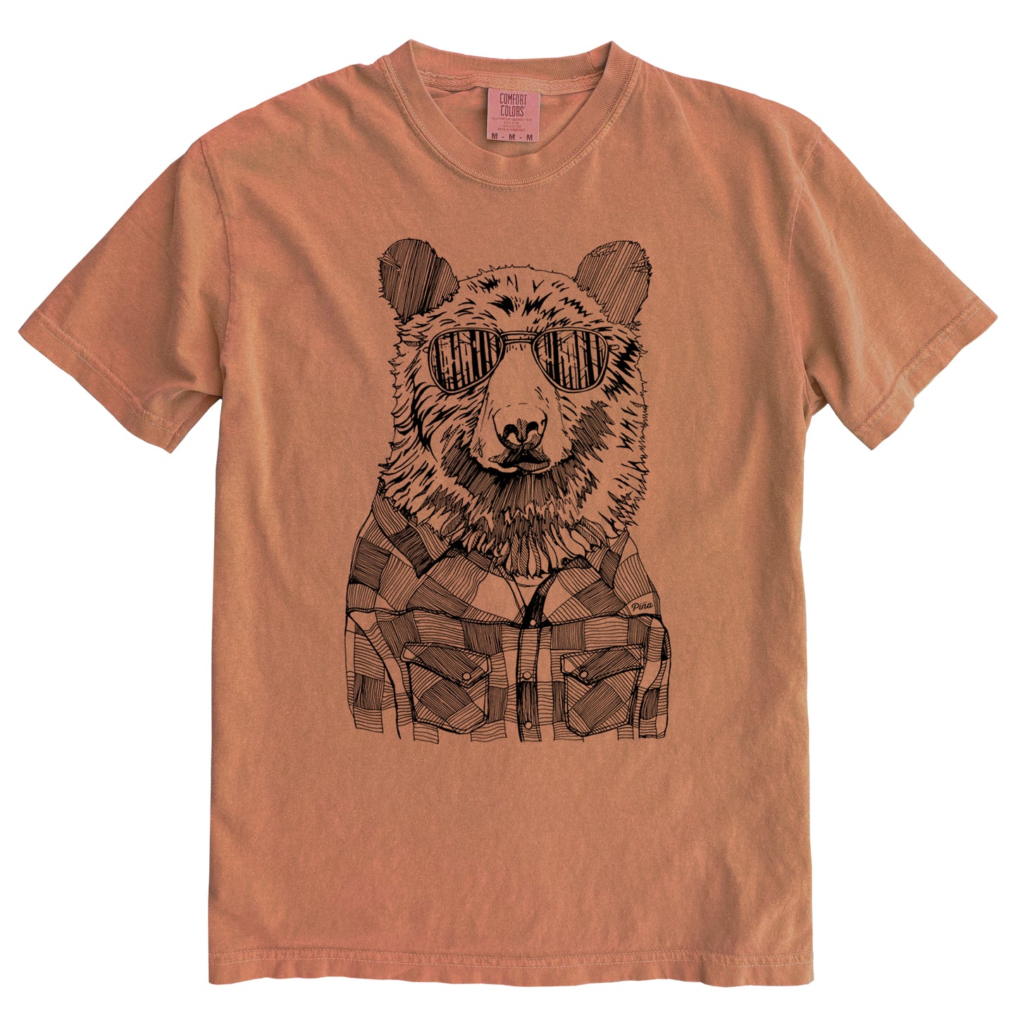 Hipster Bear in Black Ink Comfort Colours Heavyweight Cotton Unisex Tee
