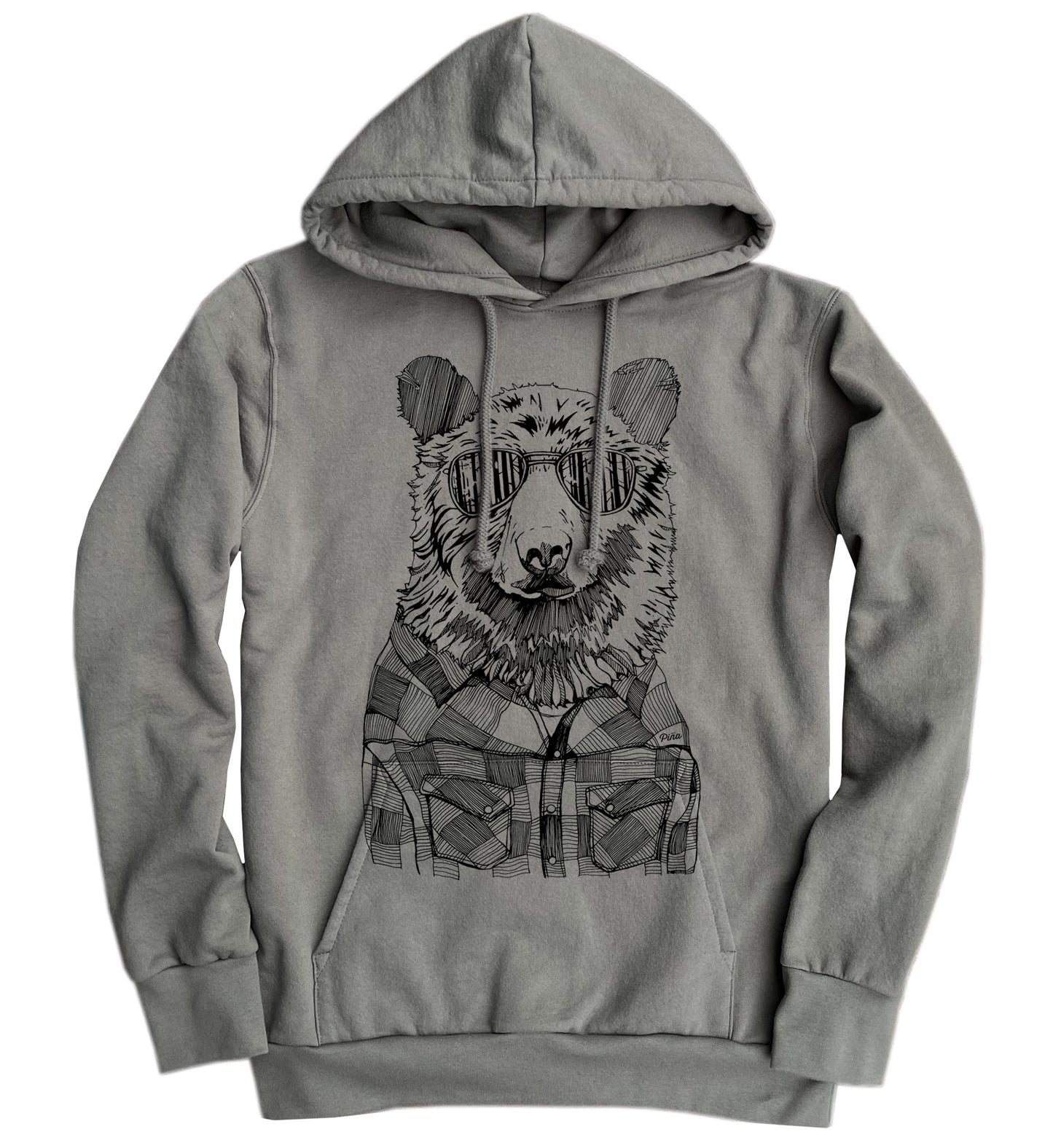 Hipster Bear Black Line Organic Cotton Unisex Hoodie Made in Canada