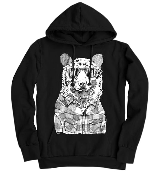 Hipster Bear in White Ink Organic Cotton Unisex Hoodie Made in Canada