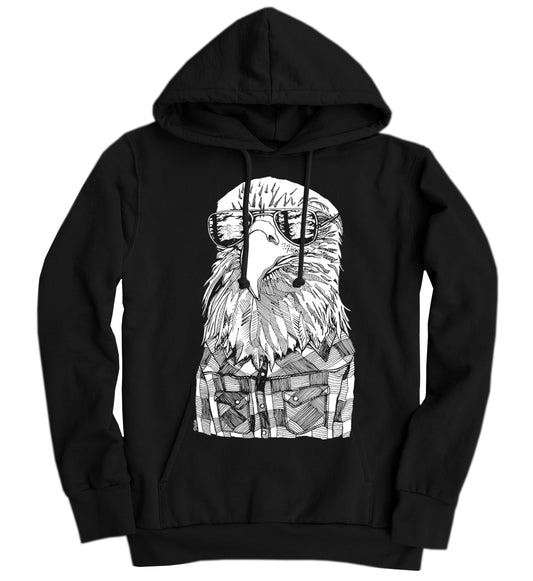 Hipster Eagle in White Ink Organic Cotton Unisex Hoodie Made in Canada