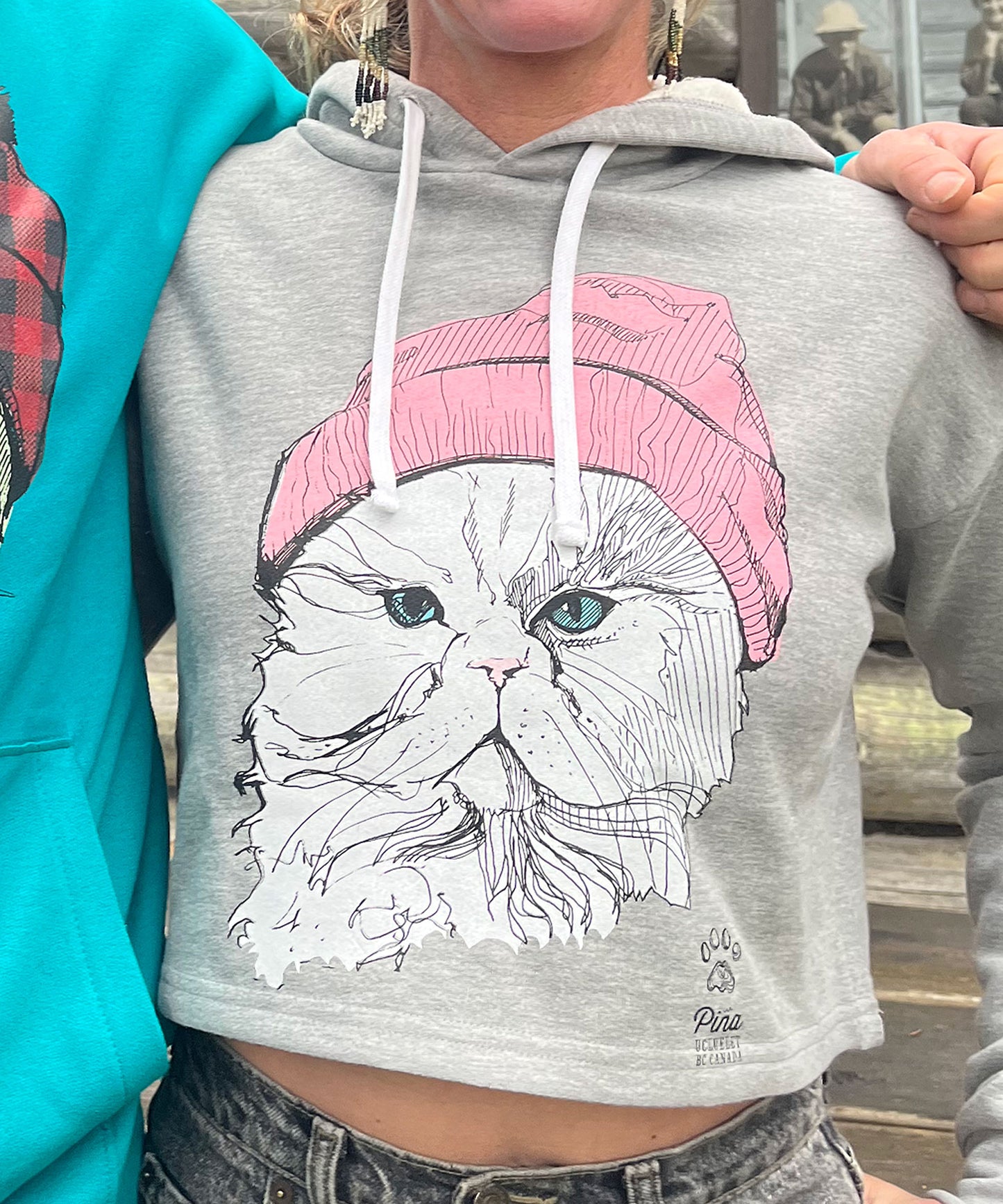 Ladies Bamboo Crop Hoodie With Cat in Pink Toque Design, Made in Canada