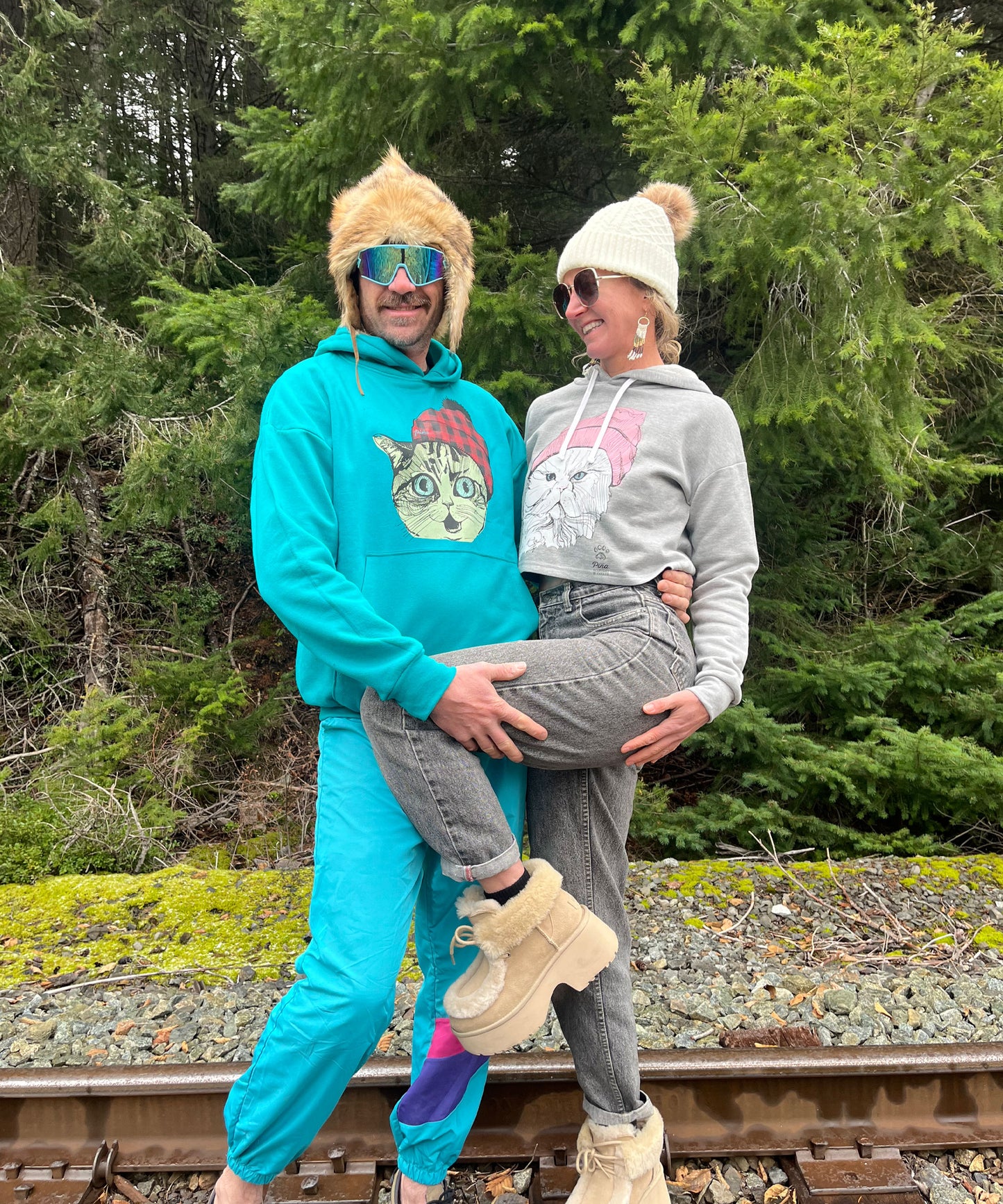 Ladies Bamboo Crop Hoodie With Cat in Pink Toque Design, Made in Canada