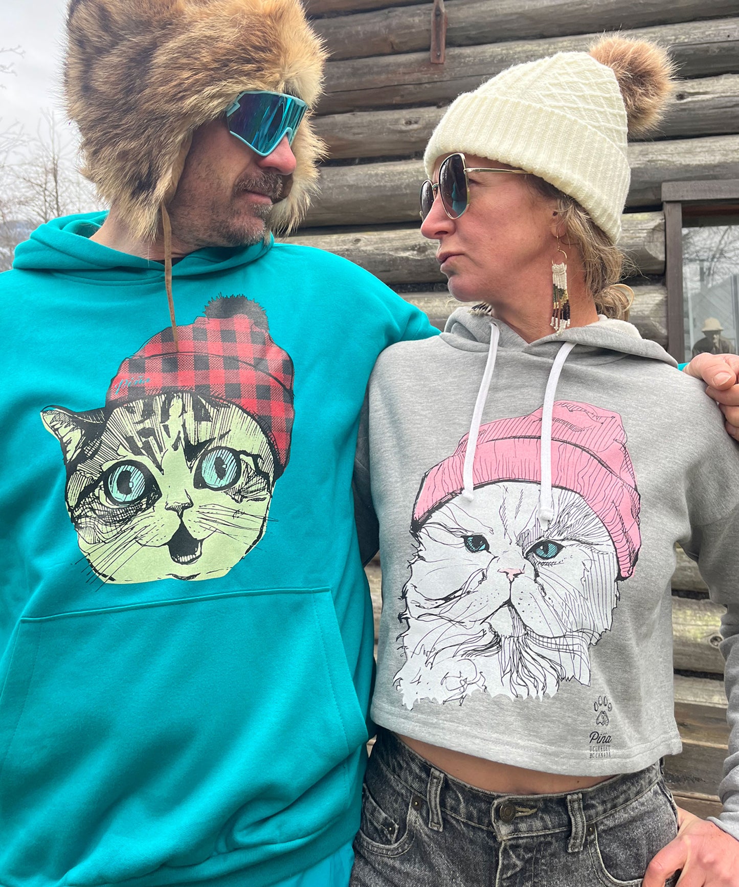 Ladies Bamboo Crop Hoodie With Cat in Pink Toque Design, Made in Canada