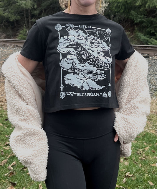 Ladies Bamboo Crop Tee With Dream Raven Design, Made in Canada