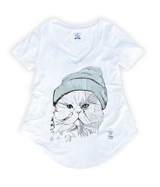 Cat with Touque in Colour Ladies Bamboo V-Neck Tee