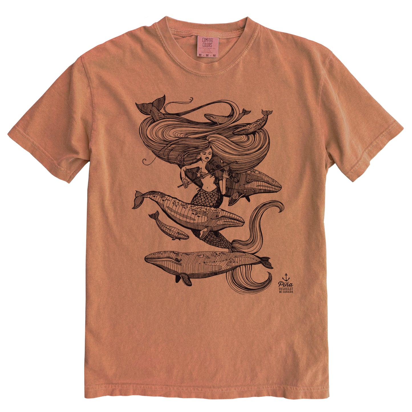 Mermaid Fiddling in Black Ink Comfort Colours Heavyweight Cotton Unisex Tee