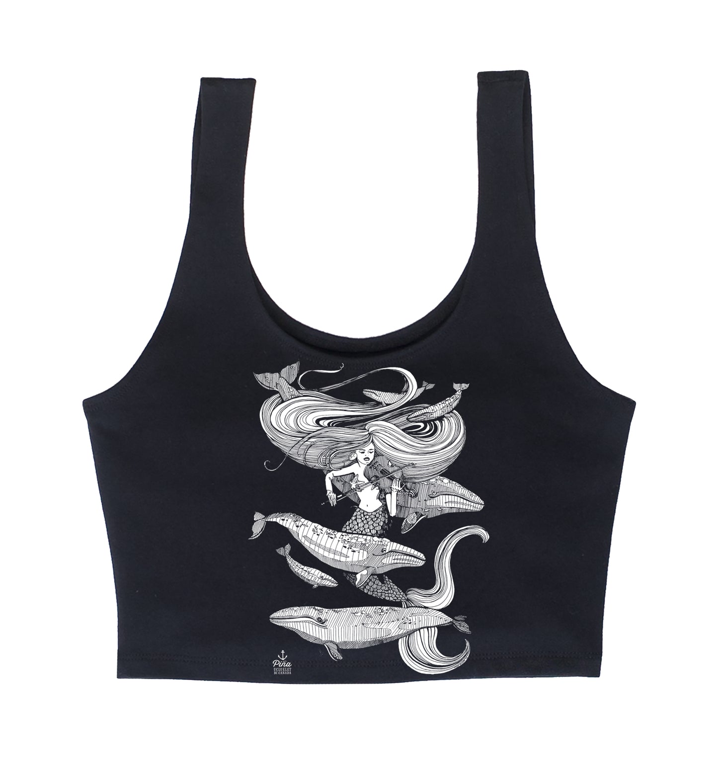 Mermaid Fiddling in White Ink Crop Tank