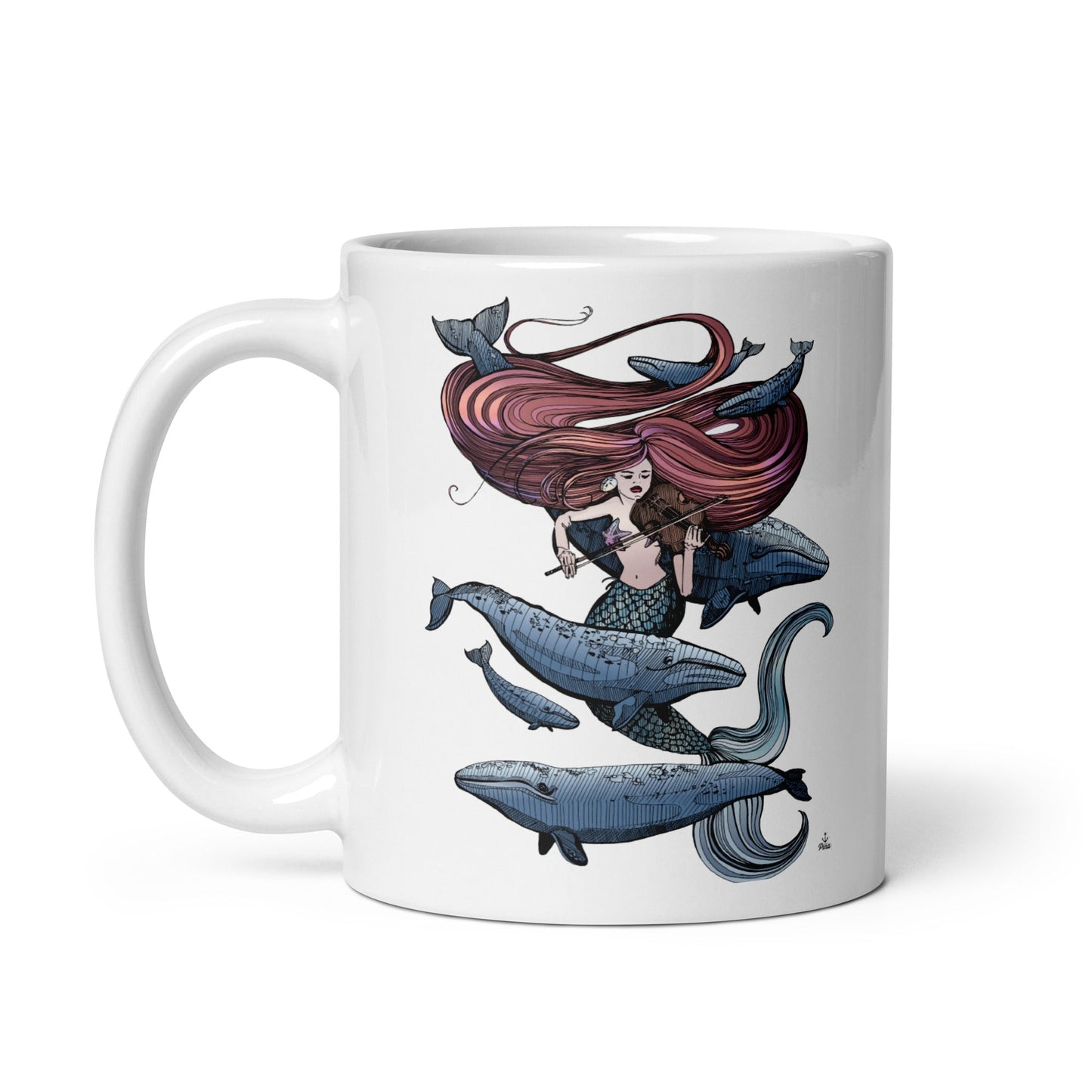 Mermaid Fiddling White Glossy Mug
