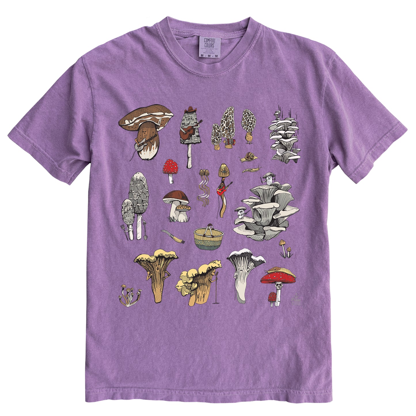 PNW Mushrooms in Colour Ink Light On Dark Comfort Colours Heavyweight Cotton Unisex Tee