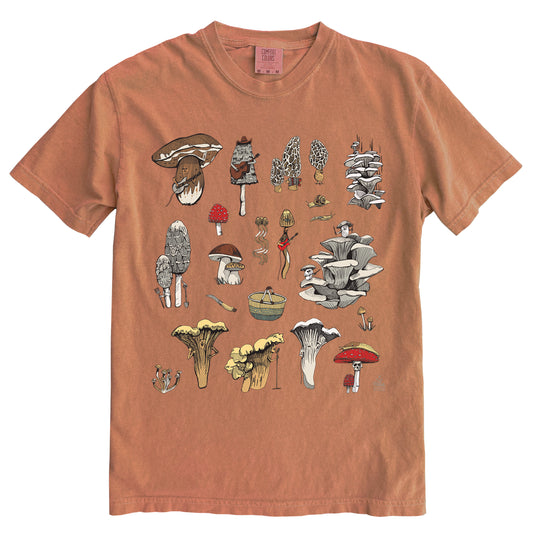 PNW Mushrooms in Colour Ink Light On Dark Comfort Colours Heavyweight Cotton Unisex Tee
