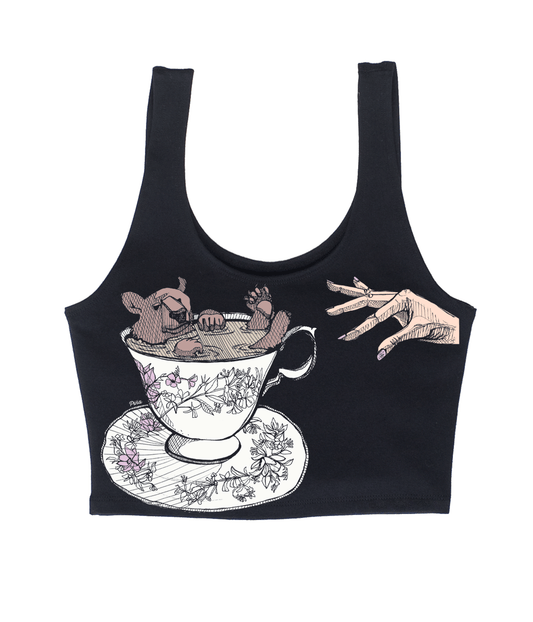 Bear in Teacup with Hand in Colour on Black Crop Tank