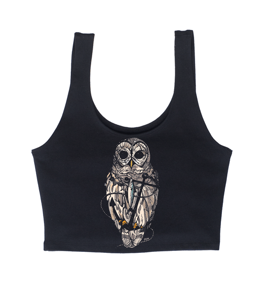 Owl & Anchor in Colour on Black Crop Tank