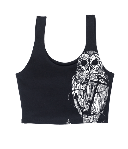 Owl & Anchor in White Crop Tank