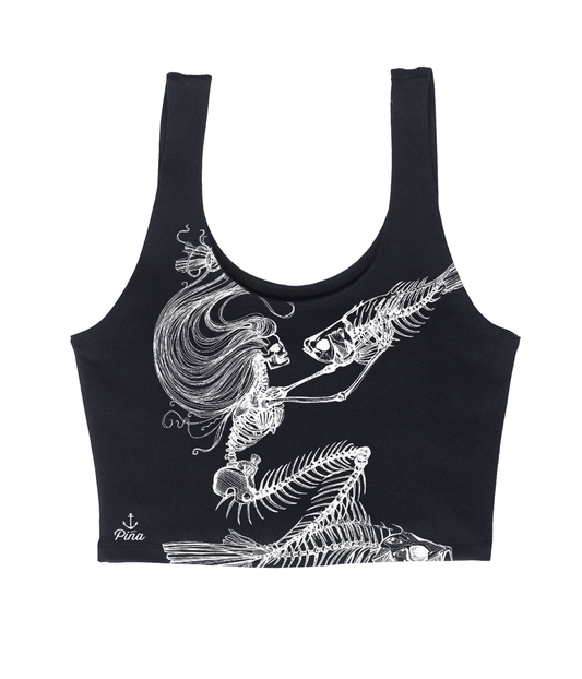 Skeleton Mermaid in White Crop Tank