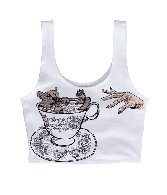 Bear in Teacup with Hand in Colour Crop Tank