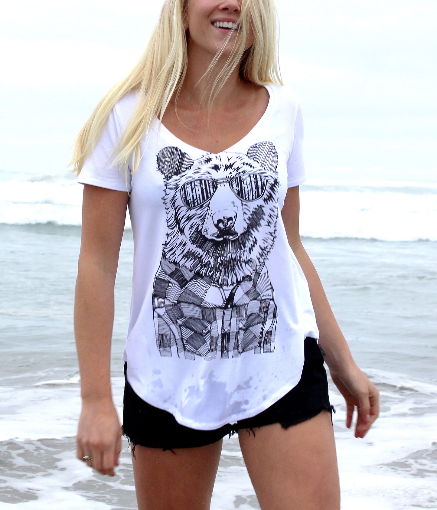 Hipster Bear in Black Ink Ladies Bamboo V-Neck Tee