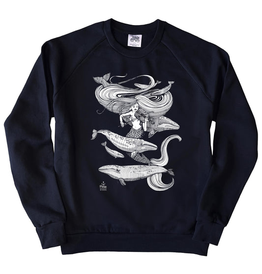 Mermaid Fiddling in White Ink Organic Cotton Unisex Sweatshirt