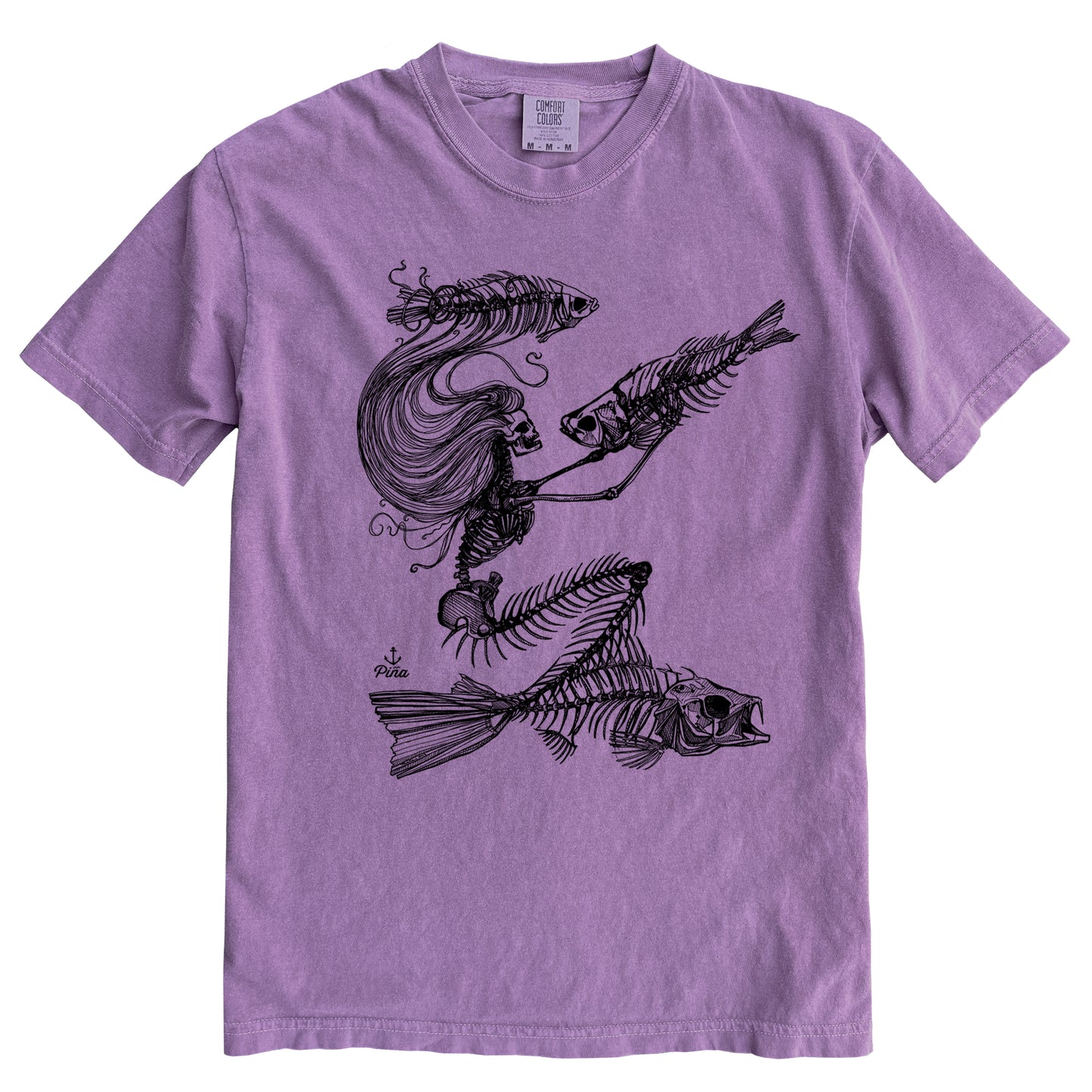 Skeleton Mermaid in Black Ink Comfort Colours Heavyweight Cotton Unisex Tee